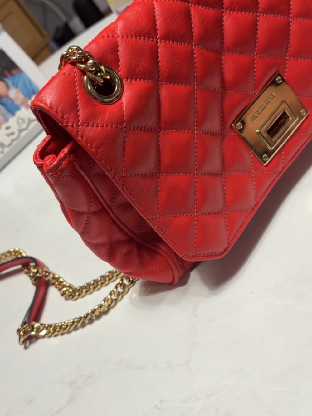 Michael Kors Quilted Red Leather Shoulder Bag with Gold Hardware - Picture 2 of 3